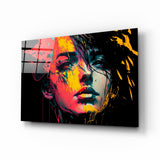 Visage Dégoulinant Néon Rouge et Jaune sur Fond Noir tableau en verre - 72x46 cm