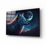 Blaue Galaxie Wolfsprofil und Vollmond Glasbild - 72x46 cm