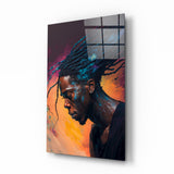 Mann mit Geflochtenen Locs vor Sonnenuntergangstönen Glasbild - 72x46 cm