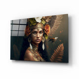 Leaf Crown Tribal Woman with Bird Glass Wall Art - 72x46 cm