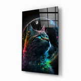 Ritratto di Gatto Peloso Neon Arcobaleno con Luna quadro in vetro - 72x46 cm