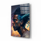 Blue Locs Man Profile On Orange Glass Wall Art - 72x46 cm
