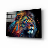 Lion Rugissant à Crinière Ébouriffée Or et Bleu tableau en verre - 72x46 cm