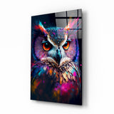 Volto di Gufo Piumato Viola Neon quadro in vetro - 72x46 cm