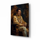 Prince en manteau ivoire et or sur le trône tableau en verre - 72x46 cm
