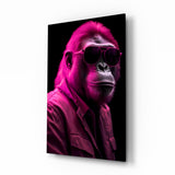 Gorille aux lunettes aviateur rose vif tableau en verre - 72x46 cm