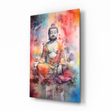 Watercolor Splash Meditating Buddha Glass Wall Art - 72x46 cm