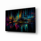 Neon-Skyline mit Lichtspuren Glasbild - 72x46 cm