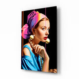 Neon Stripes Girl With A Pearl Earring Glass Wall Art - 72x46 cm