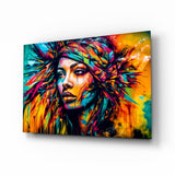 Frau mit Neon-Kopftuch und Federn Glasbild - 72x46 cm