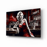 Bionda in raso rosso appoggiata al bancone quadro in vetro - 72x46 cm