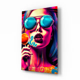 Gafas de espejo azules y piruleta naranja cuadro de cristal - 72x46 cm