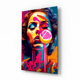 Dripping Pink Lollipop Graffiti Woman Glass Wall Art - 72x46 cm