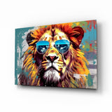 Leone con aviator argentati su turchese quadro in vetro - 72x46 cm