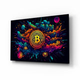Neon-Bitcoin-Explosion in kosmischen Wolken Glasbild - 72x46 cm