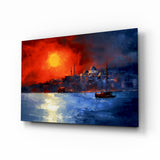 Crimson Sunset Istanbul Skyline Boats Glass Wall Art - 72x46 cm