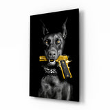 Doberman Holding Gold Pistol Glass Wall Art - 72x46 cm