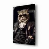 Gatto con occhiali da sole in abito nero quadro in vetro - 72x46 cm