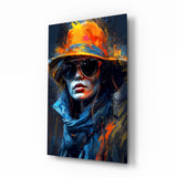 Orange Hat Sunglasses Paint Splash Woman Glass Wall Art - 72x46 cm