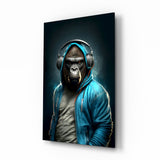 Gorille au sweat bleu et casque audio tableau en verre - 72x46 cm
