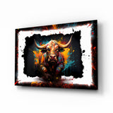Angreifender Stier aus zerrissenem Rahmen Glasbild - 72x46 cm