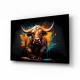 Toro in piedi vibrante tra schizzi quadro in vetro - 72x46 cm