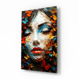 Frau mit roten Lippen im Blattwerk, Spachteltechnik Glasbild - 72x46 cm