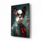 Bulldog con occhiali tondi e camicia a fiori quadro in vetro - 72x46 cm
