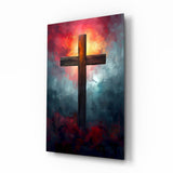 Croix sombre à l'aube aux nuages cramoisis tableau en verre - 72x46 cm