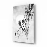 Vogel auf Blütenzweig in Schwarz-Weiß Glasbild - 72x46 cm