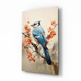Oiseau bleu sur branche fleurie corail tableau en verre - 72x46 cm