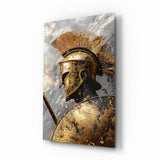 Golden Spartan Helmet Clouds Glass Wall Art - 72x46 cm