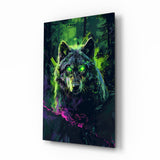 Loup vert sous une pluie néon cyber tableau en verre - 72x46 cm