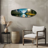 Quadro in vetro lago di montagna con pontile all'alba - 90x30 cm
