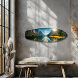 Mountain Lake Dock Sunrise Glass Wall Art.