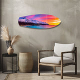 Cuadro de cristal de montañas nevadas con atardecer pastel - 90x30 cm