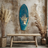 Leopard Stalking Turquoise Water Glass Wall Art.