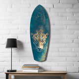 Leopard Stalking Turquoise Water Glass Wall Art.