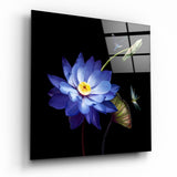 Blue Lotus and Dragonflies Flower Glass Wall Art - 40x40 cm