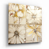 Ensemble de quatre panneaux floraux blanc et or tableau en verre - 40x40 cm