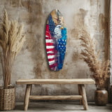 Surfbrett mit Stars and Stripes und Weißkopfseeadler Glasbild - 90x30 cm
