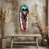 Surfbrett mit petrolfarbenem Grinseschädel-Graffiti Glasbild - 90x30 cm