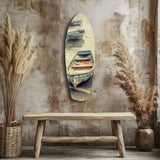 Barche ormeggiate su riva nebbiosa quadro in vetro - 90x30 cm