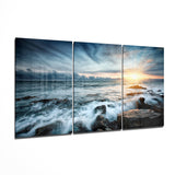 Crashing Waves Over Rocks At Dusk Glass Wall Art - 140x72 cm