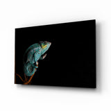 Türkises Chamäleon auf Ast Schwarz Glasbild - 72x46 cm