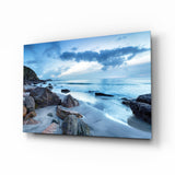 Kühles Blaues Dämmerlicht Strand Meereslandschaft Glasbild - 72x46 cm