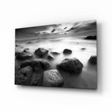 Black And White Misty Sea Boulders Glass Wall Art - 72x46 cm