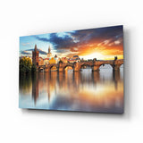 Ponte ad Arco in Pietra a Praga all'Alba quadro in vetro - 72x46 cm