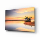 Glasbild Schiff am Strand - 72x46 cm