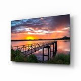 Fiery Sunset Lake Bridge Glass Wall Art - 72x46 cm